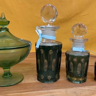Vintage green cut-to-clear glass perfume bottles and compote