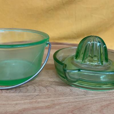 Green Depression glass citrus reamer and matching bucket