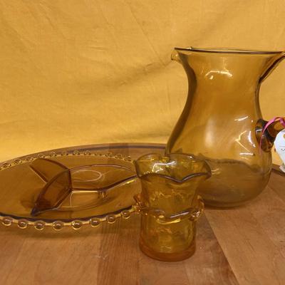 Amber glass bud vase, divided dish, and pitcher set