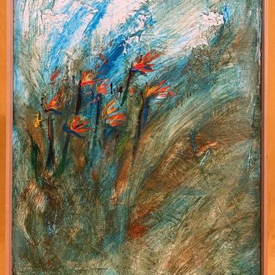 An original abstract impasto oil painting titled "Blue Bird of Paradise" by Alice Dixon, dated 1995