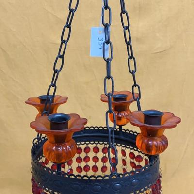 Vintage beaded chandelier candelabra with amber glass candle holders
