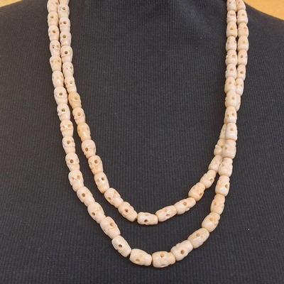 Vintage Hand-Carved Bone Skull Bead Necklace – Double-Strand Ritual/Artisan Carving