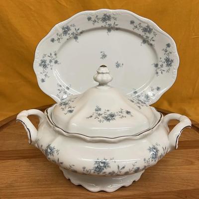 Haviland porcelain tureen with lid and matching platter, blue floral pattern
