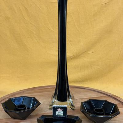 Vintage black Art Deco vase, Fostoria Art Deco geometric black glass candle holders and ash tray