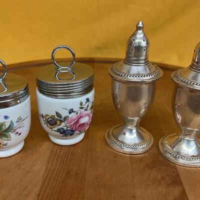 Vintage Royal Worcester floral egg coddlers with silver-plated shakers