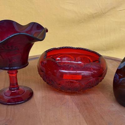 Collection of ruby red pressed glass compote, amberina glass bowl and amber studio art glass vase