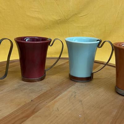 Set of four vintage Bauer Pottery mugs with metal handles