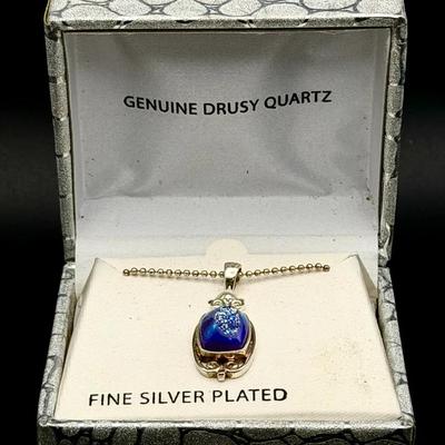 Signed Drusy Quartz Silver Plated Necklace 
