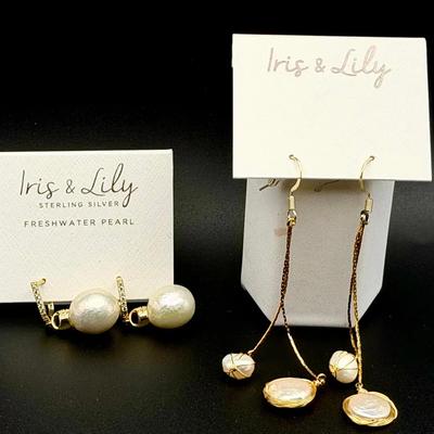 (2) Pairs Of Pearl Iris & Lily Earrings New