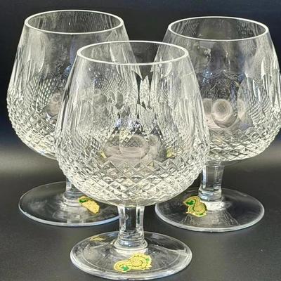 (3) Stickered Waterford Crystal Colleen Short Stem Brandy Glasses