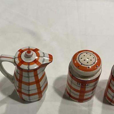 Vintage Hand-Painted Japan Plaid Ceramic Kitchen Set