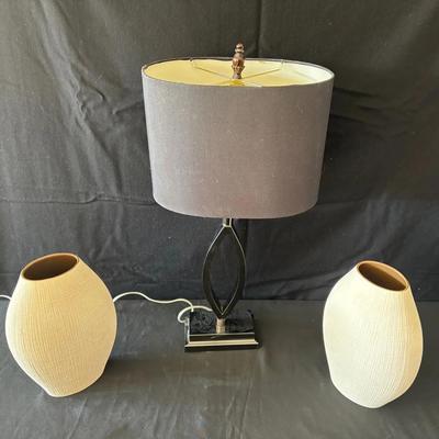 Modern Black Table Lamp with Pair of Textured Ceramic Accent Vases