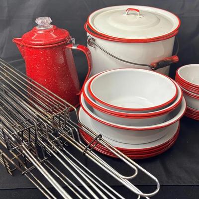 Vintage Enamel Camping Cookware & Grilling Rack Lot