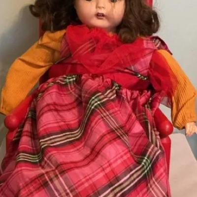 Vintage Composition Doll with Two Outfits & Red Wooden Chair