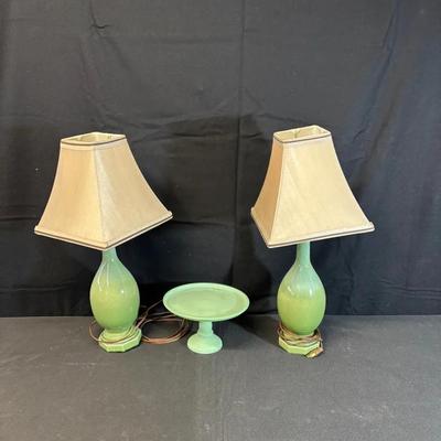 Pair of Green Ceramic Table Lamps with Shades And Matching Pedestal Plate (Untested)