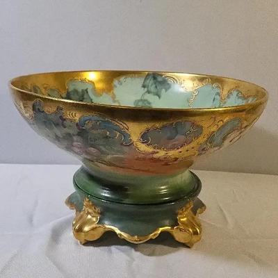 Antique Limoges Hand-Painted Gold Gilt Porcelain Punch Bowl