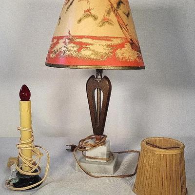 Vintage Lights - Christmas Candlestick, Silk Lamp Shade & Paper Shade Table Lamp