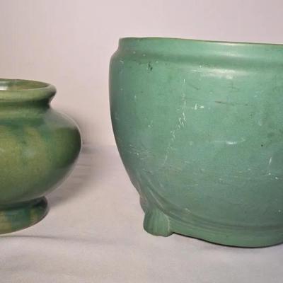 Large Vintage Matte-Green Arts and Crafts-Style Planter and Glazed Pottery Vase