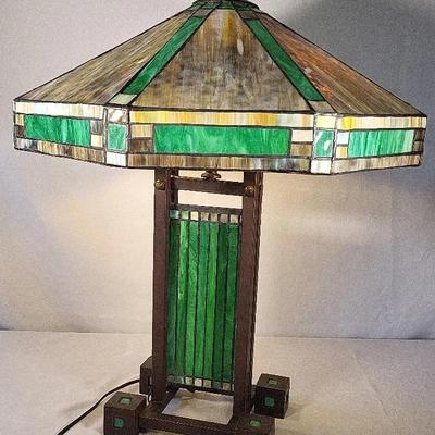 Antique Tiffany Style Table Lamp - Green and Gold Glass on Bronze 