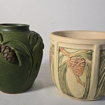 Two Pinecone Motif Ceramic Pieces - Rare Weller Roma Jardineire and Artist Signed Vase
