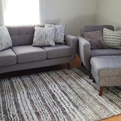 MCM Style Sofa with Chair + Grey Tonal Area Rug and Matching Throw Pillows