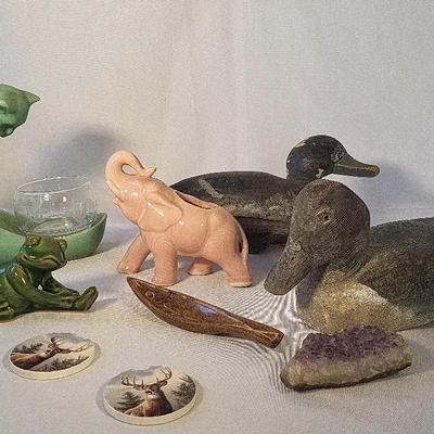 Animal Collection-  Vintage Wood Decoy Ducks, Ceramics w/ Crystal Specimen