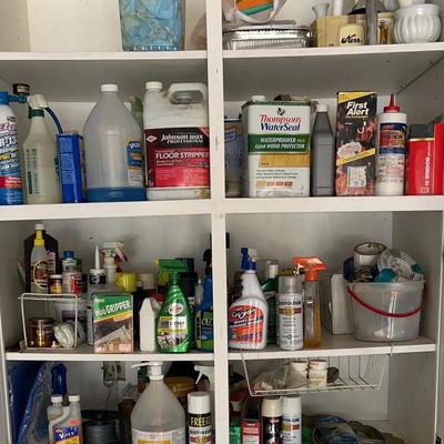 Cabinet full of miscellaneous spray paint, water Proofing sealers, And much more.