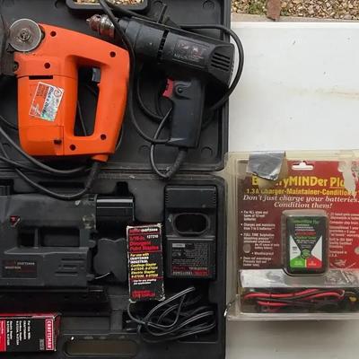 Industrial cordless Stapler, 3/8 Inch 1/3 Hp Corded Drill, And A Black & Decker Rotary Power Cutter