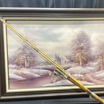 Large Signed Oil on Canvas and Wooden Fishing Pole