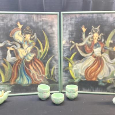 Oriental Artwork, Tea Set, and Figurine 