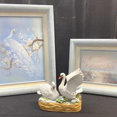 Swan Musical Figurine and Signed Oil Paintings