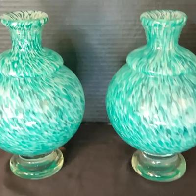 Pair of Large 10" Turquoise Blue Art-Glass Vases