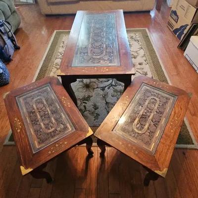 Carved Wood & Glass-Top Coffee Table and Matching End Tables