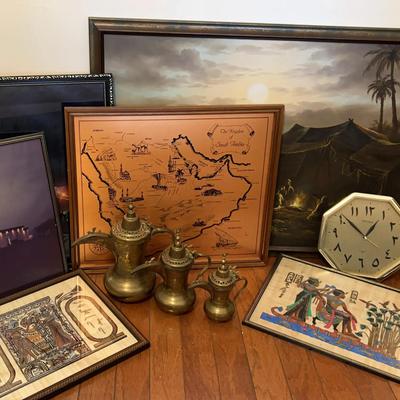 Middle Eastern Brass Teapots & Framed Artwork Collection, Featuring Arabic Clock