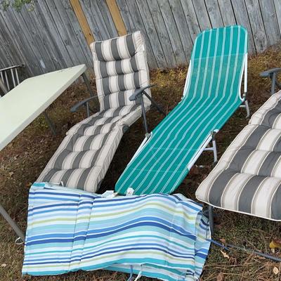 Outdoor Chaise Loungers, Folding Table & Cushions