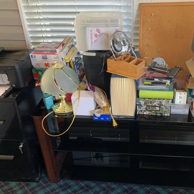 Office Supplies Featuring Pixma Printer, Vintage Lamp, Bonsaii Shredder & Filing Cabinet