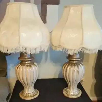 Vintage Fluted Table Lamps With Fringed Shades