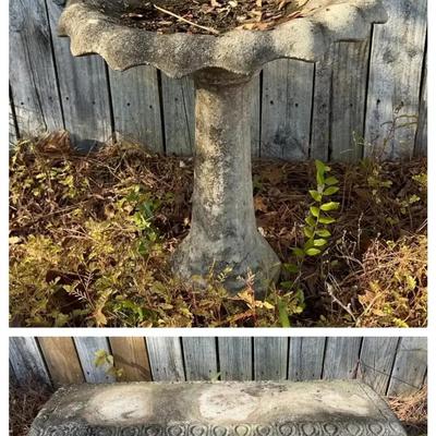 Concrete Birdbath & Decorative Garden Bench