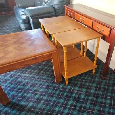 Console Table, Parquet Accent Table & Three Side Tables