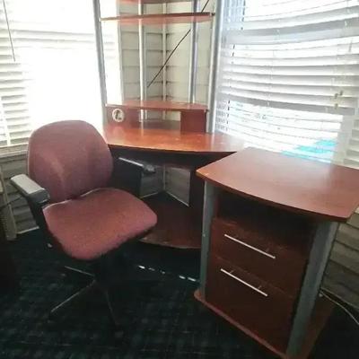 Corner Computer Desk, Two-Drawer Cabinet & Rolling Office Chair