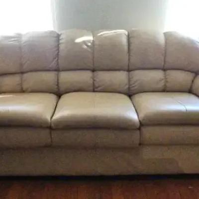 Beige Leather-Style Three-Seat Sofa