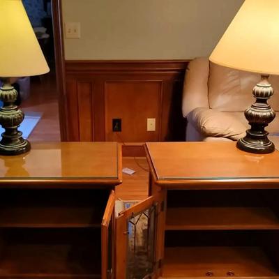 Vintage Brass Table Lamps & Matching Oak Side Cabinets with Leaded Glass
