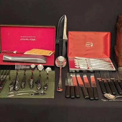 Stainless Steel & Silver-Plated Flatware Collection with Knife Sharpener and Block