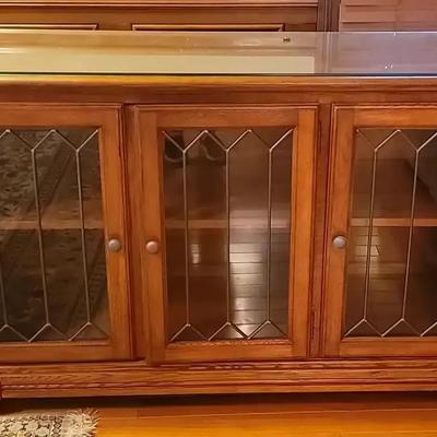 Traditional Wooden Media Console with Leaded Glass Doors & Glass Top