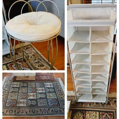 Bathroom Accessories, Vanity Stool, Persian Rug & Storage Pieces – Featuring Handwoven Bakhtiari Rug