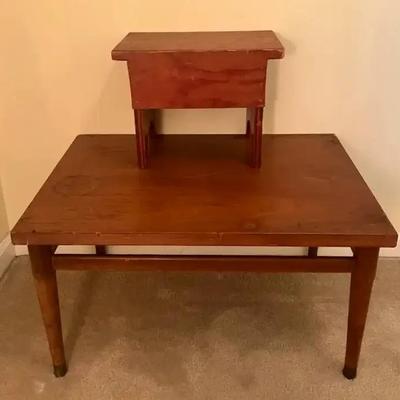 Mid-Century Modern End Table with Brass Caps & Wooden Footstool