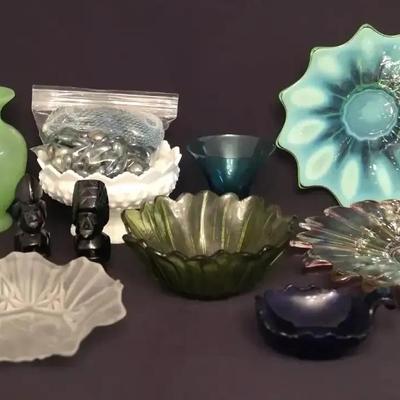 Colorful Glassware Collection Featuring Fostoria Green Platter & Black Onyx-Style Figures
