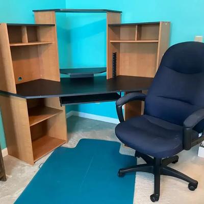 L-Shaped Corner Computer Desk with Hutch, Swivel Office Chair & Floor Mat