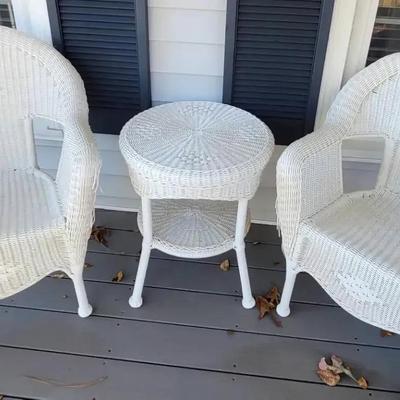 Three-Piece White Wicker-Style Porch Set with Chairs & Side Table
