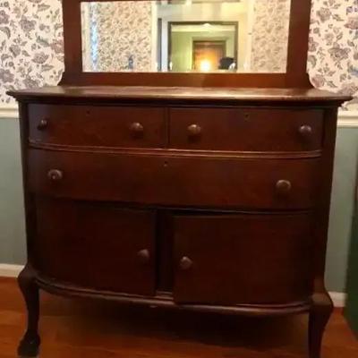 Antique Tiger Oak Serpentine Dresser with Mirror